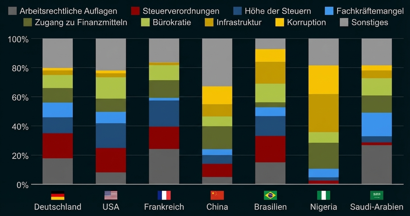 Gestapeltes Säulendiagramm: prozentuale Hindernisse für Unternehmen nach Ländern (DE, USA, FR, CN, BR, NG, SA).